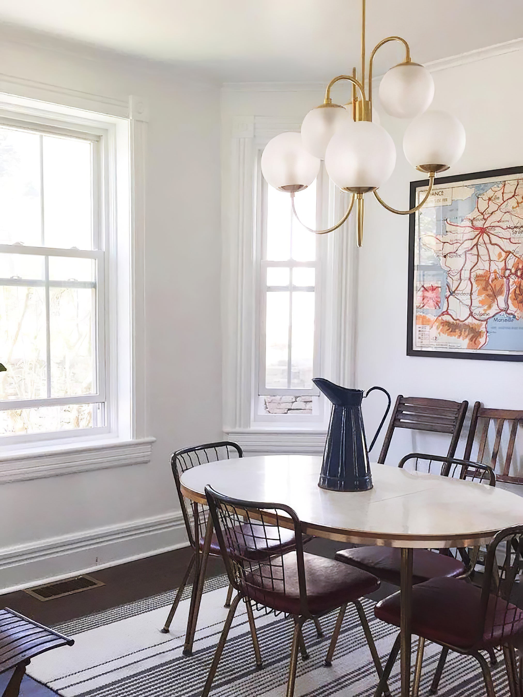 Gooseneck Chandelier, Wrought Iron, White Glass Globes, E14