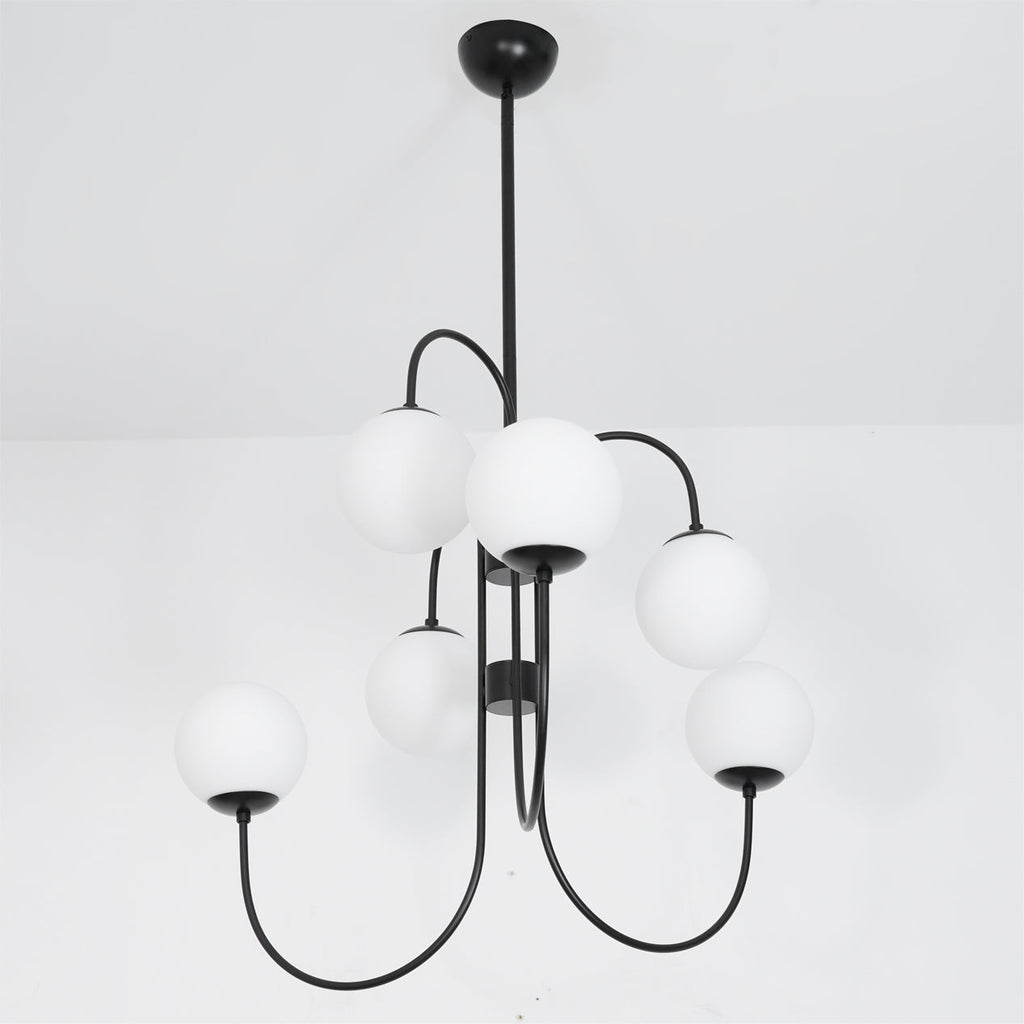 Gooseneck Chandelier, Wrought Iron, White Glass Globes, E14