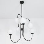 Gooseneck Chandelier, Wrought Iron, White Glass Globes, E14