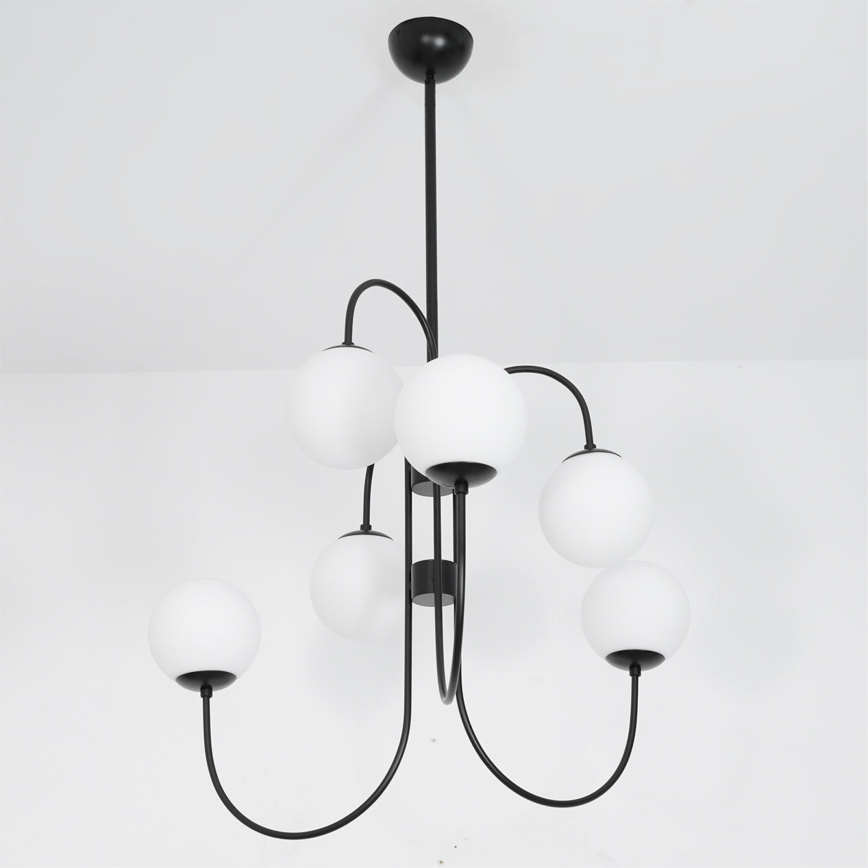 Gooseneck Chandelier, Wrought Iron, White Glass Globes, E14