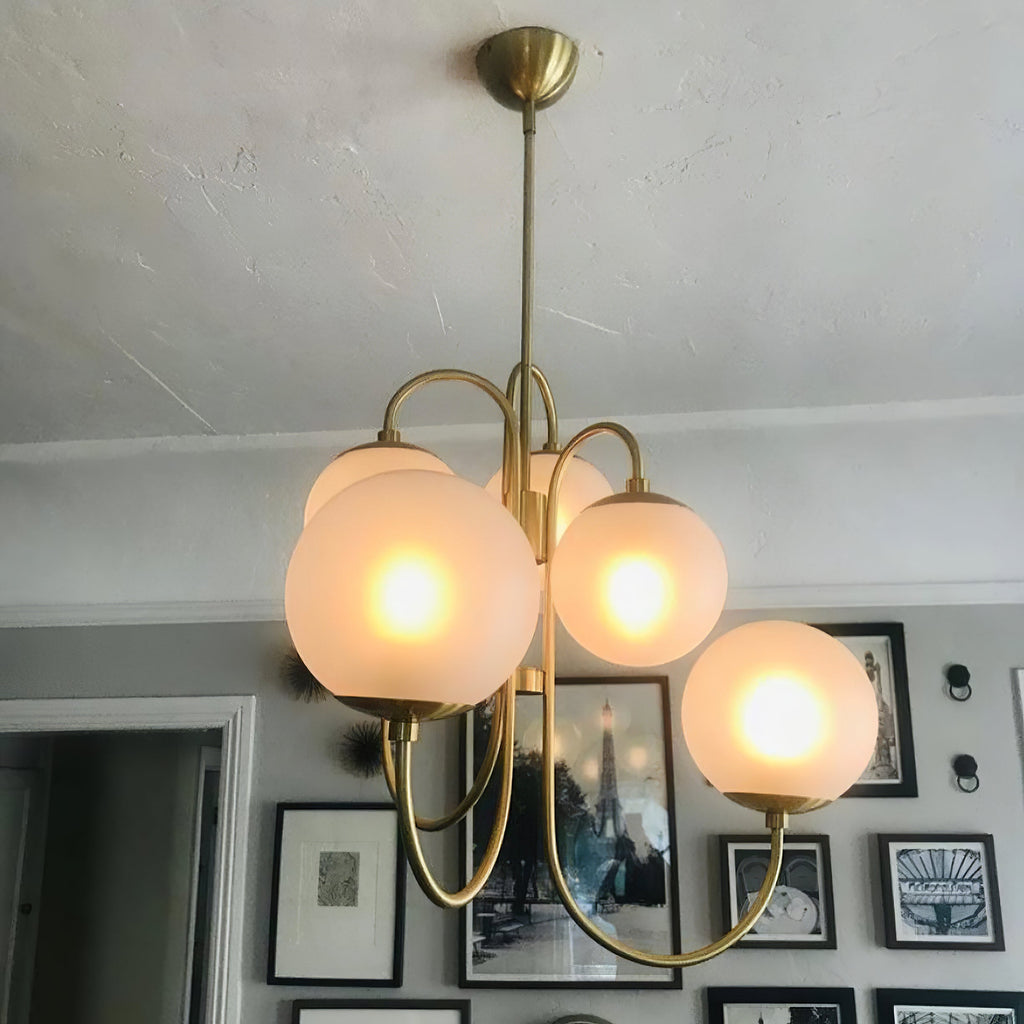 Gooseneck Chandelier, Wrought Iron, White Glass Globes, E14