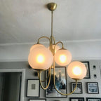 Gooseneck Chandelier, Wrought Iron, White Glass Globes, E14