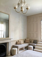 Gooseneck Chandelier, Wrought Iron, White Glass Globes, E14