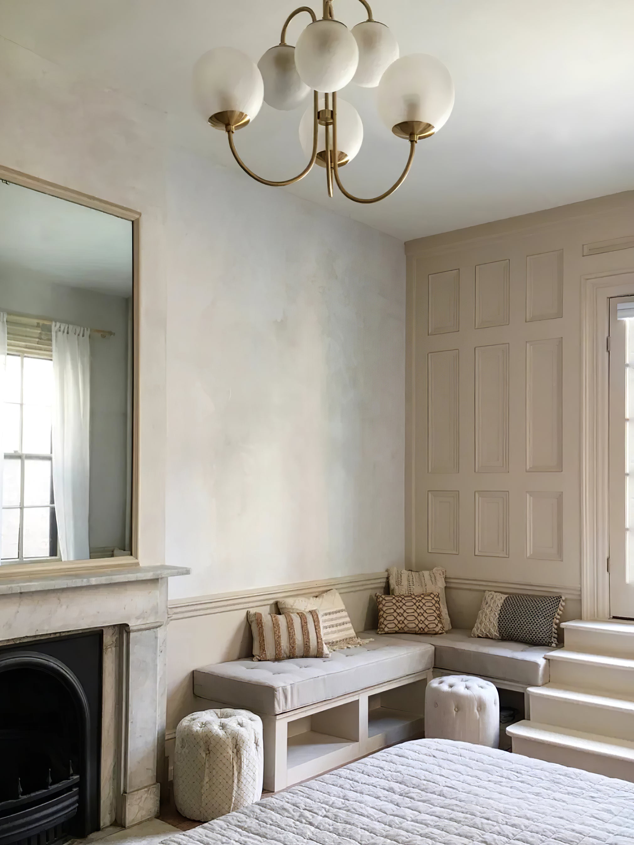Gooseneck Chandelier, Wrought Iron, White Glass Globes, E14