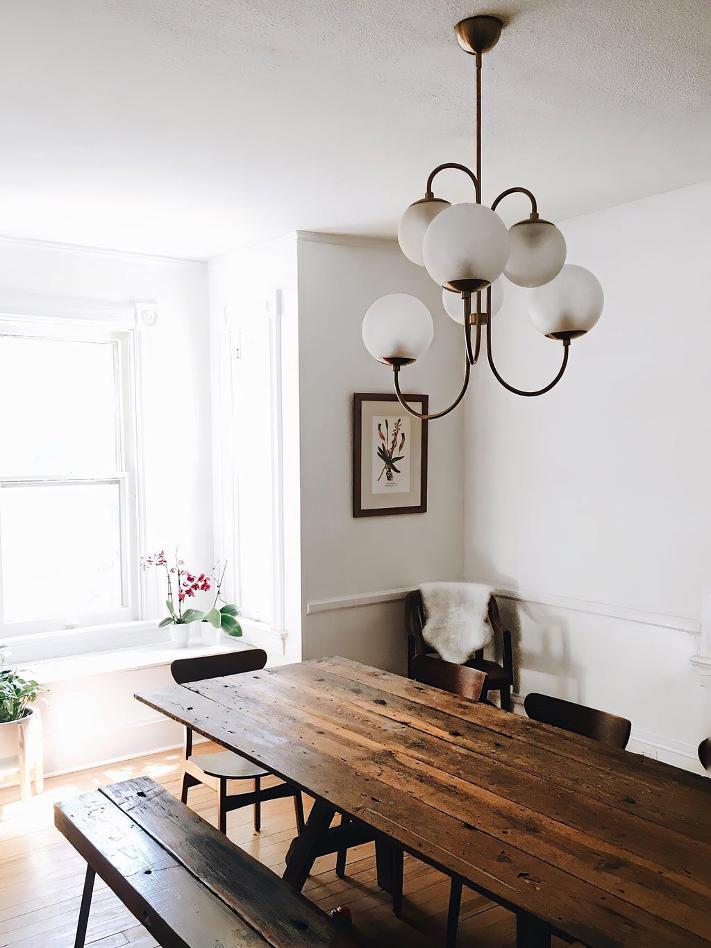 Gooseneck Chandelier, Wrought Iron, White Glass Globes, E14
