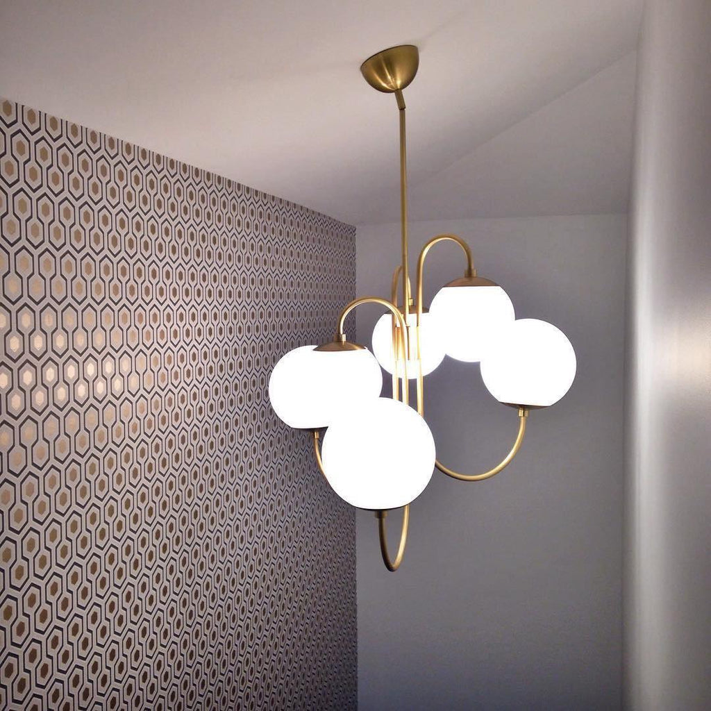Gooseneck Chandelier, Wrought Iron, White Glass Globes, E14