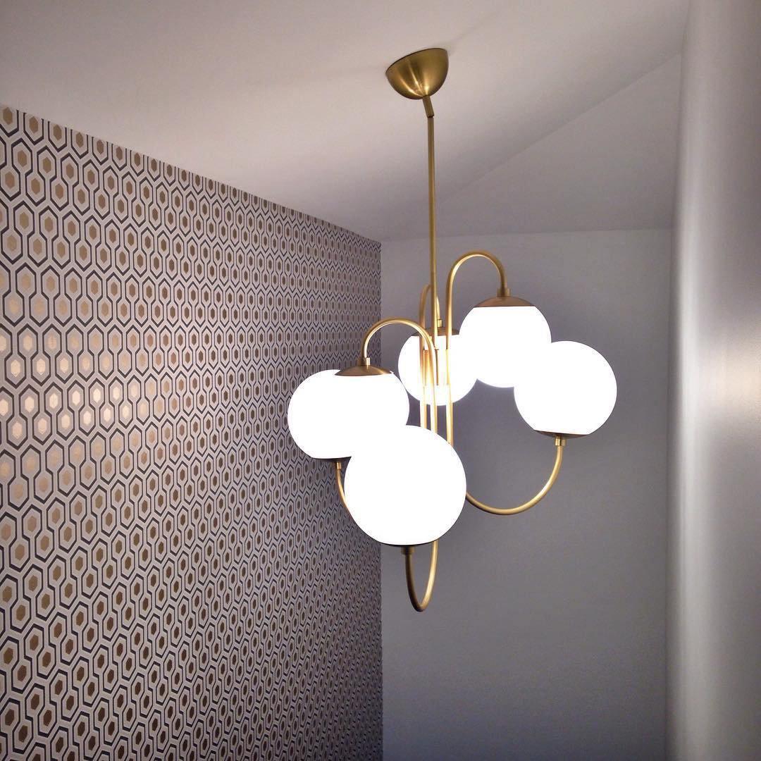 Gooseneck Chandelier, Wrought Iron, White Glass Globes, E14