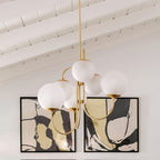 Gooseneck Chandelier, Wrought Iron, White Glass Globes, E14