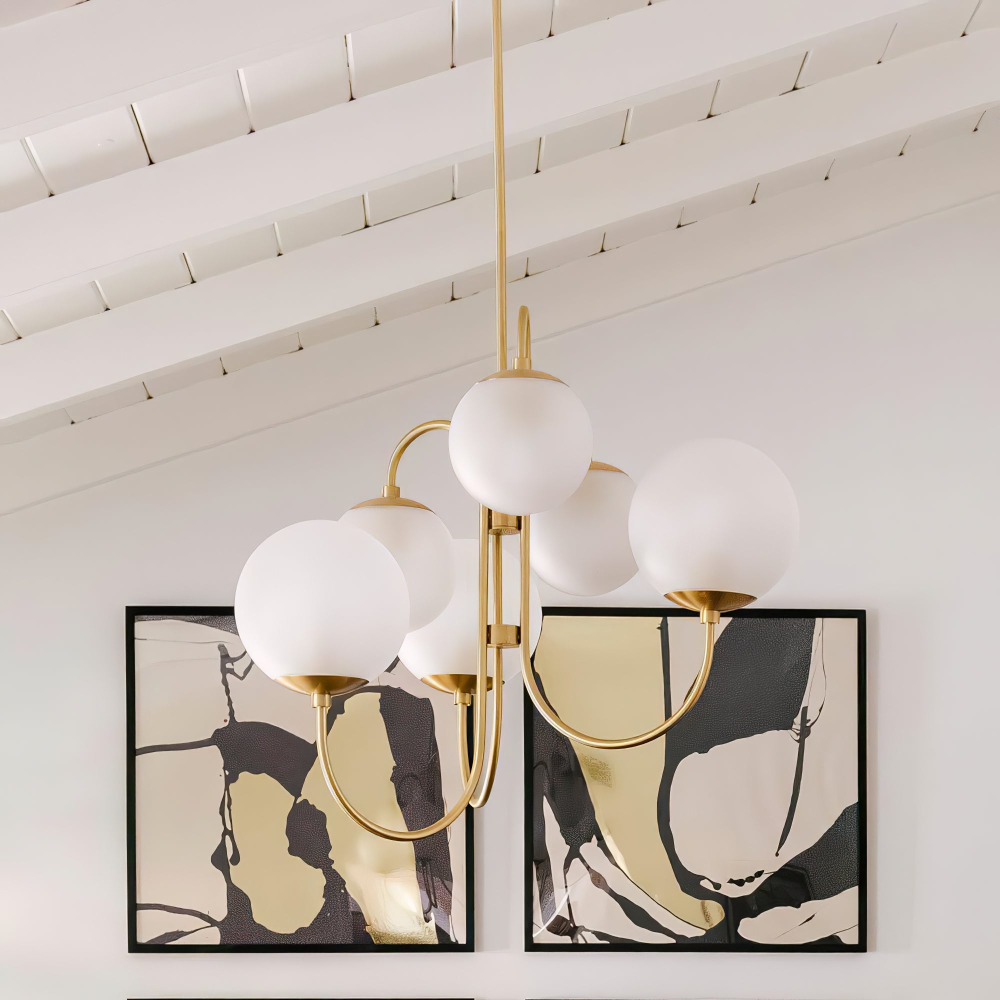 Gooseneck Chandelier, Wrought Iron, White Glass Globes, E14