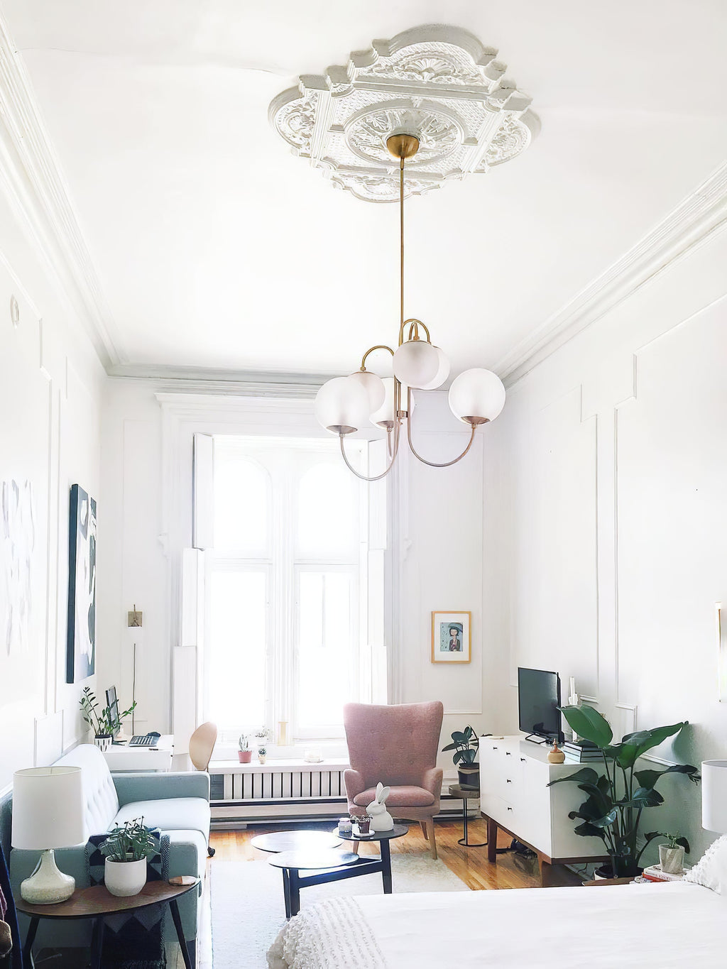 Gooseneck Chandelier, Wrought Iron, White Glass Globes, E14