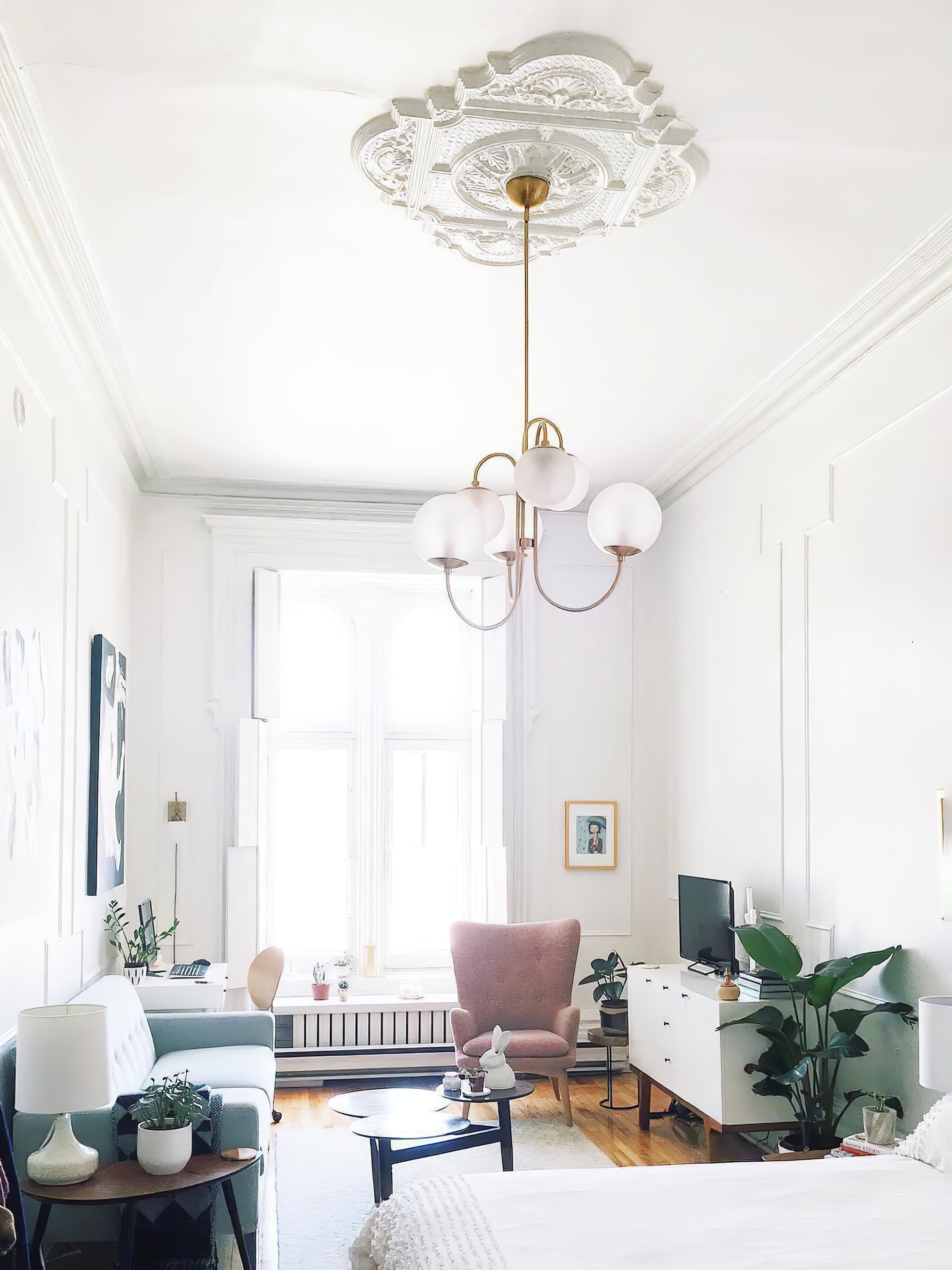 Gooseneck Chandelier, Wrought Iron, White Glass Globes, E14