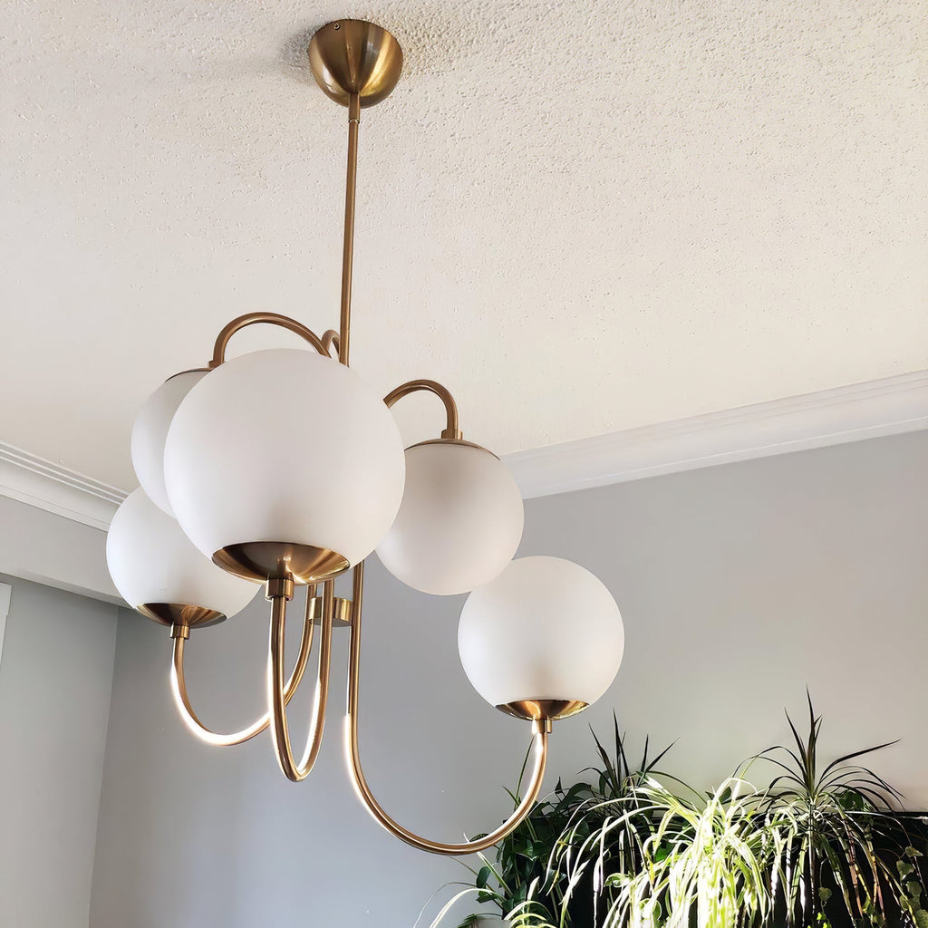 Gooseneck Chandelier, Wrought Iron, White Glass Globes, E14