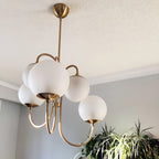 Gooseneck Chandelier, Wrought Iron, White Glass Globes, E14