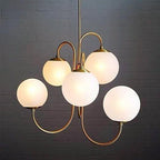 Gooseneck Chandelier, Wrought Iron, White Glass Globes, E14