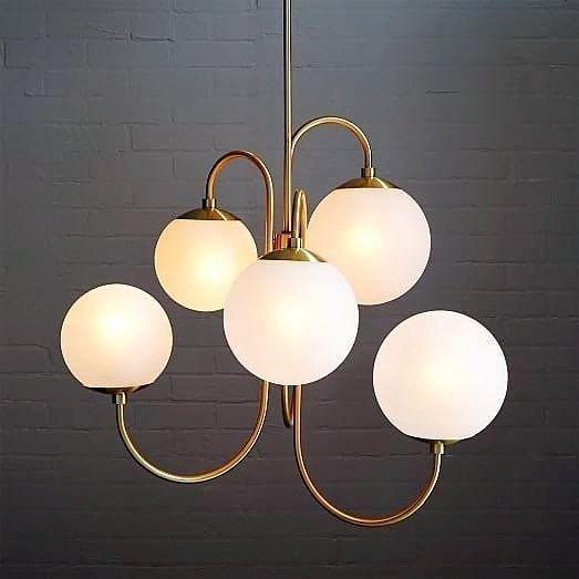 Gooseneck Chandelier, Wrought Iron, White Glass Globes, E14