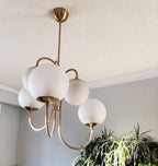 Gooseneck Chandelier, Wrought Iron, White Glass Globes, E14