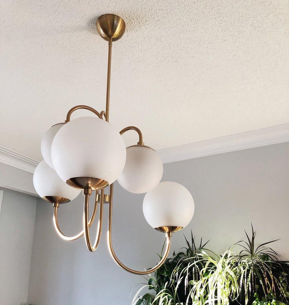 Gooseneck Chandelier, Wrought Iron, White Glass Globes, E14