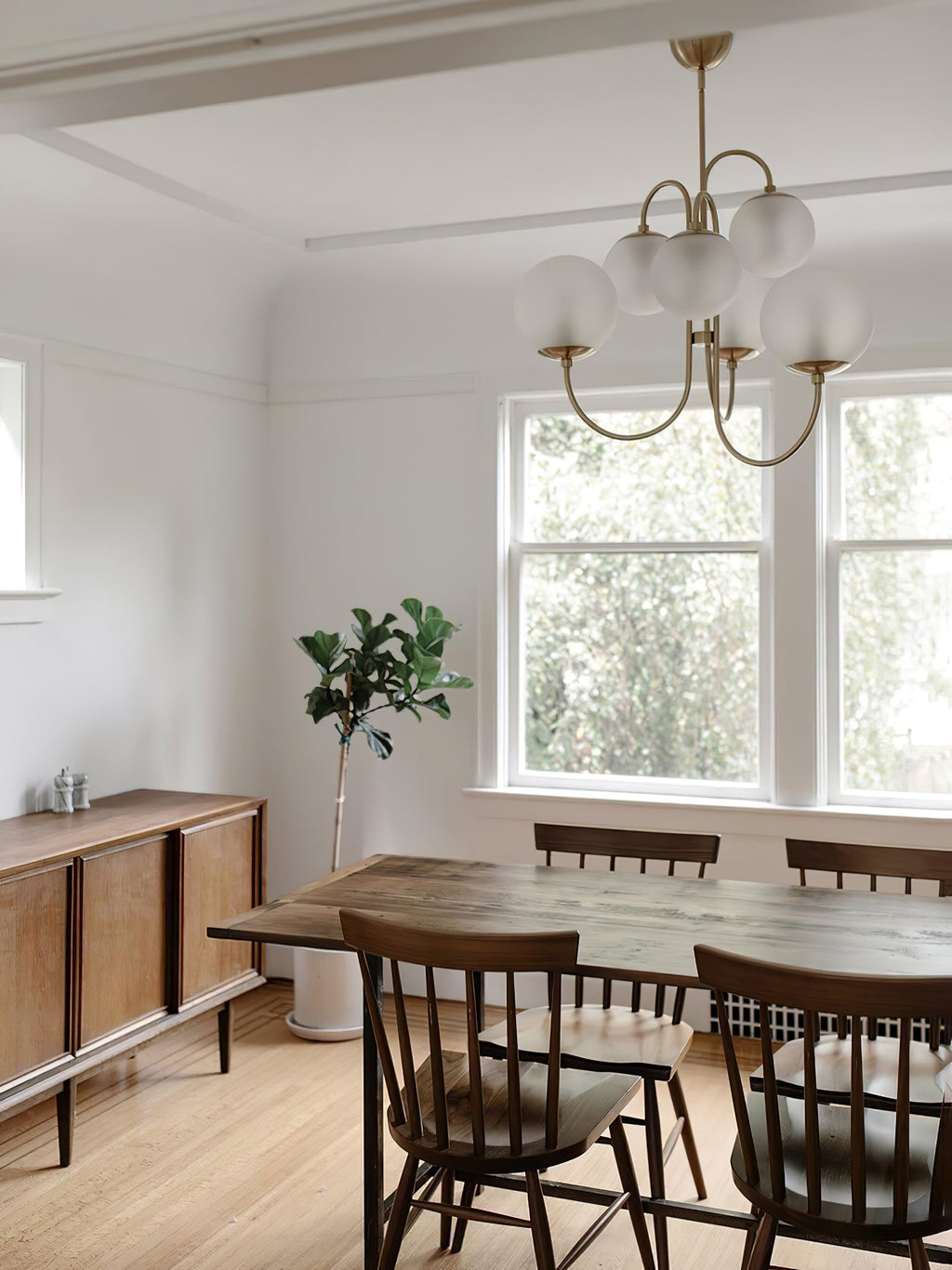 Gooseneck Chandelier, Wrought Iron, White Glass Globes, E14