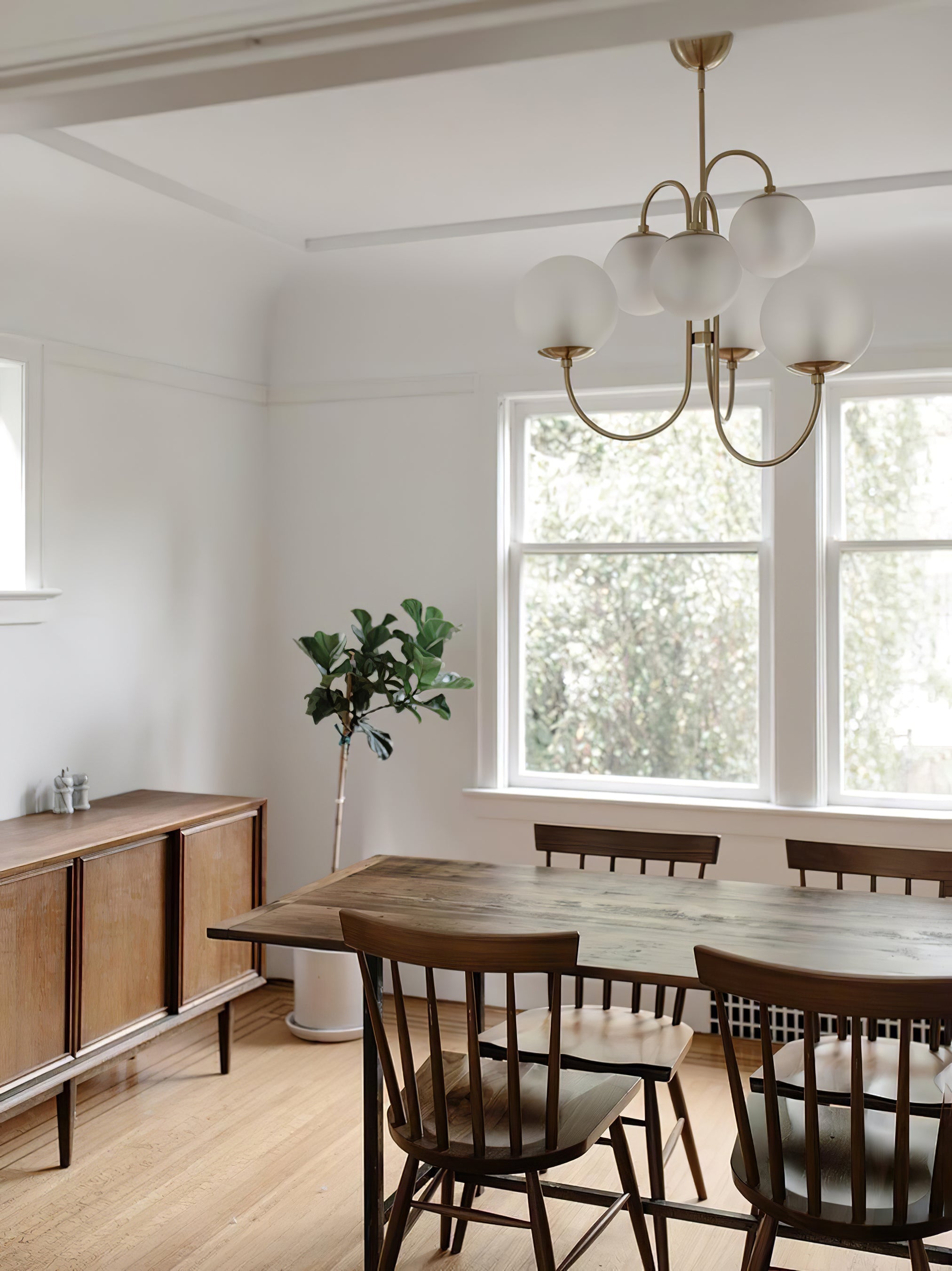 Gooseneck Chandelier, Wrought Iron, White Glass Globes, E14