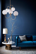 Gooseneck Chandelier, Wrought Iron, White Glass Globes, E14