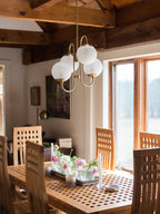 Gooseneck Chandelier, Wrought Iron, White Glass Globes, E14