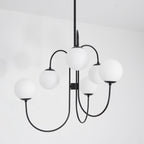 Gooseneck Chandelier, Wrought Iron, White Glass Globes, E14