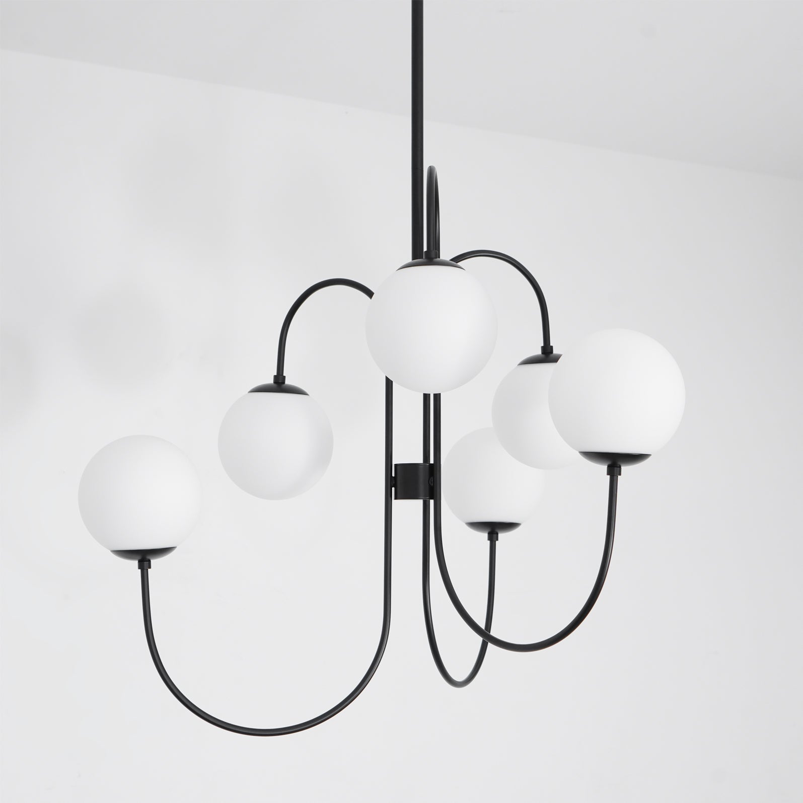 Gooseneck Chandelier, Wrought Iron, White Glass Globes, E14