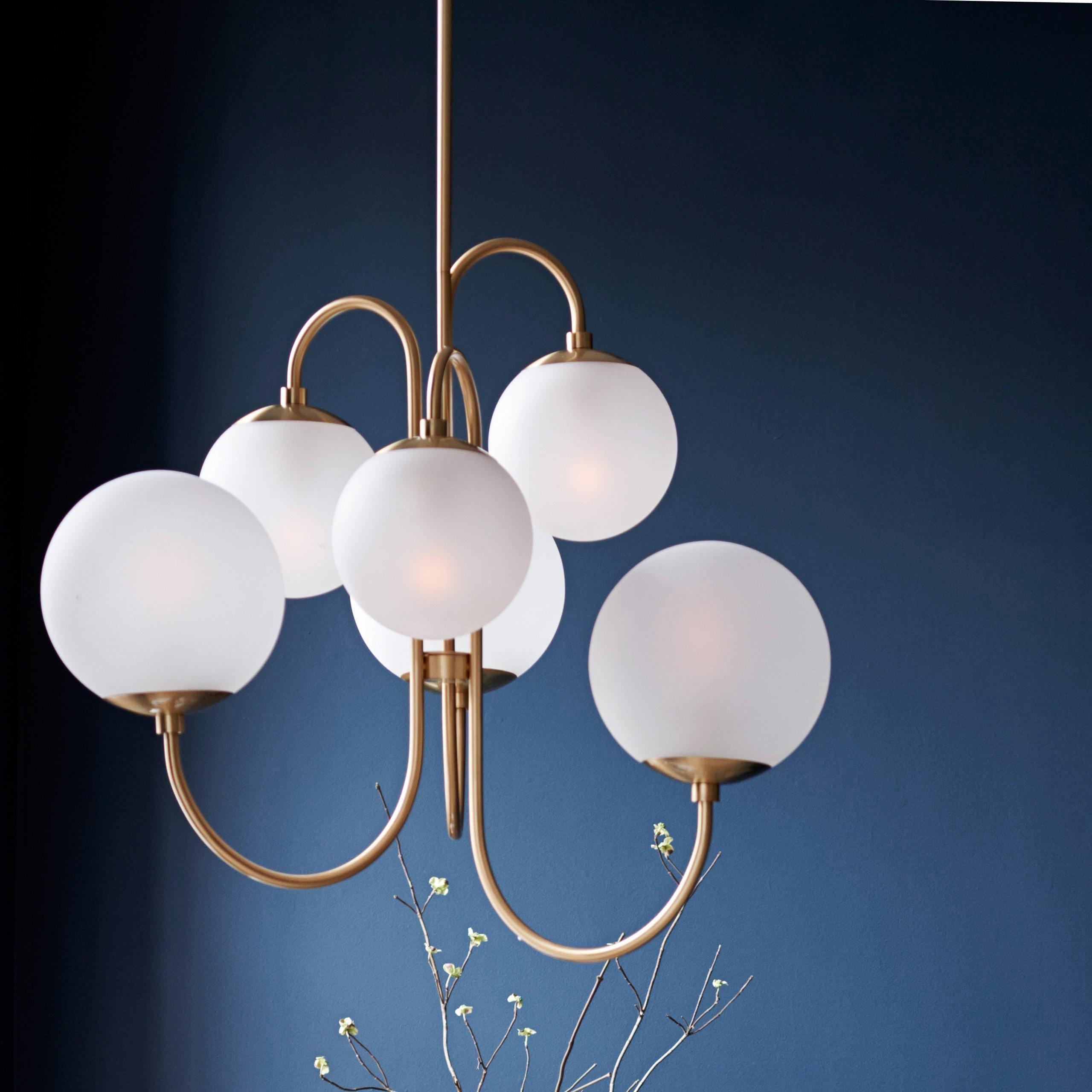 Gooseneck Chandelier, Wrought Iron, White Glass Globes, E14