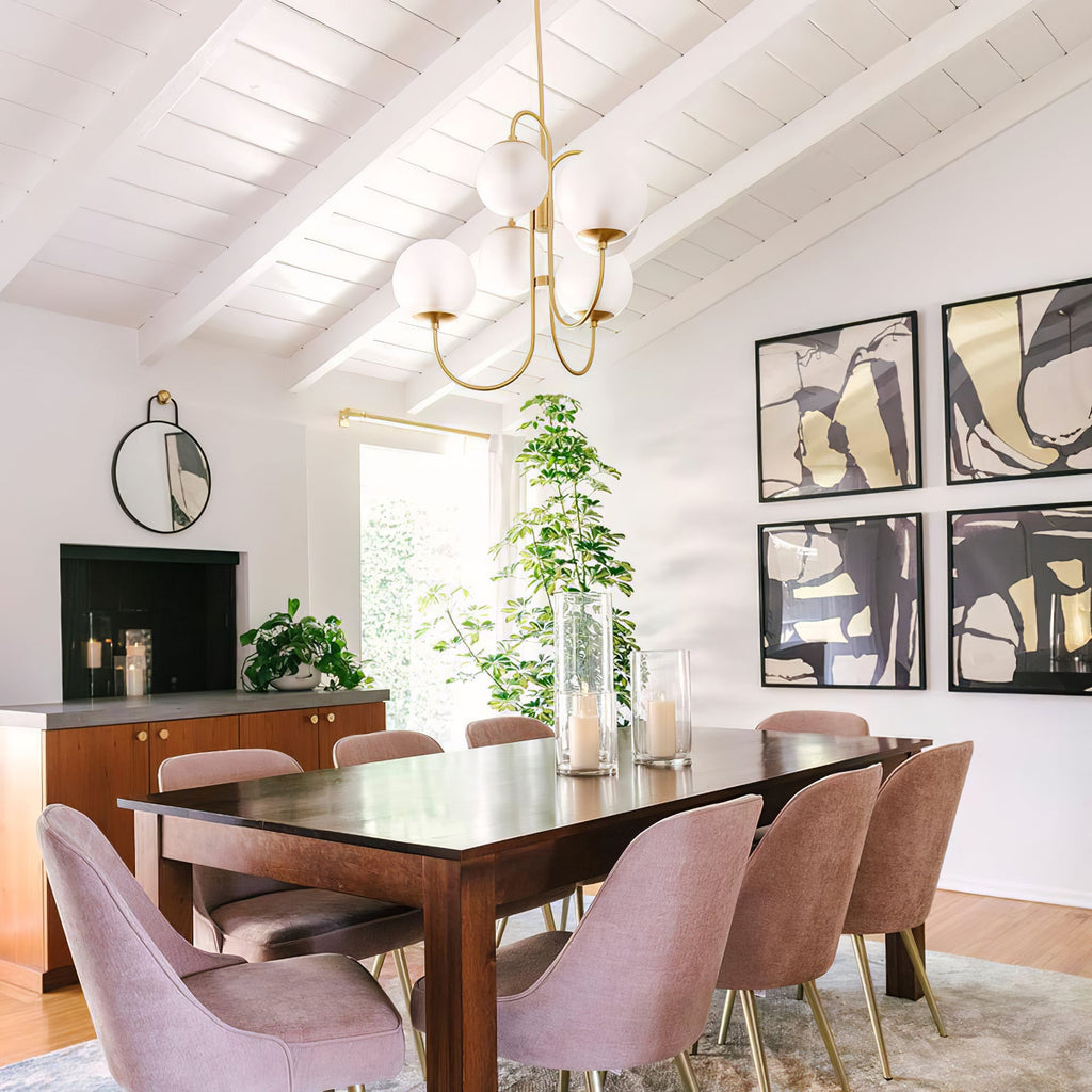 Gooseneck Chandelier, Wrought Iron, White Glass Globes, E14