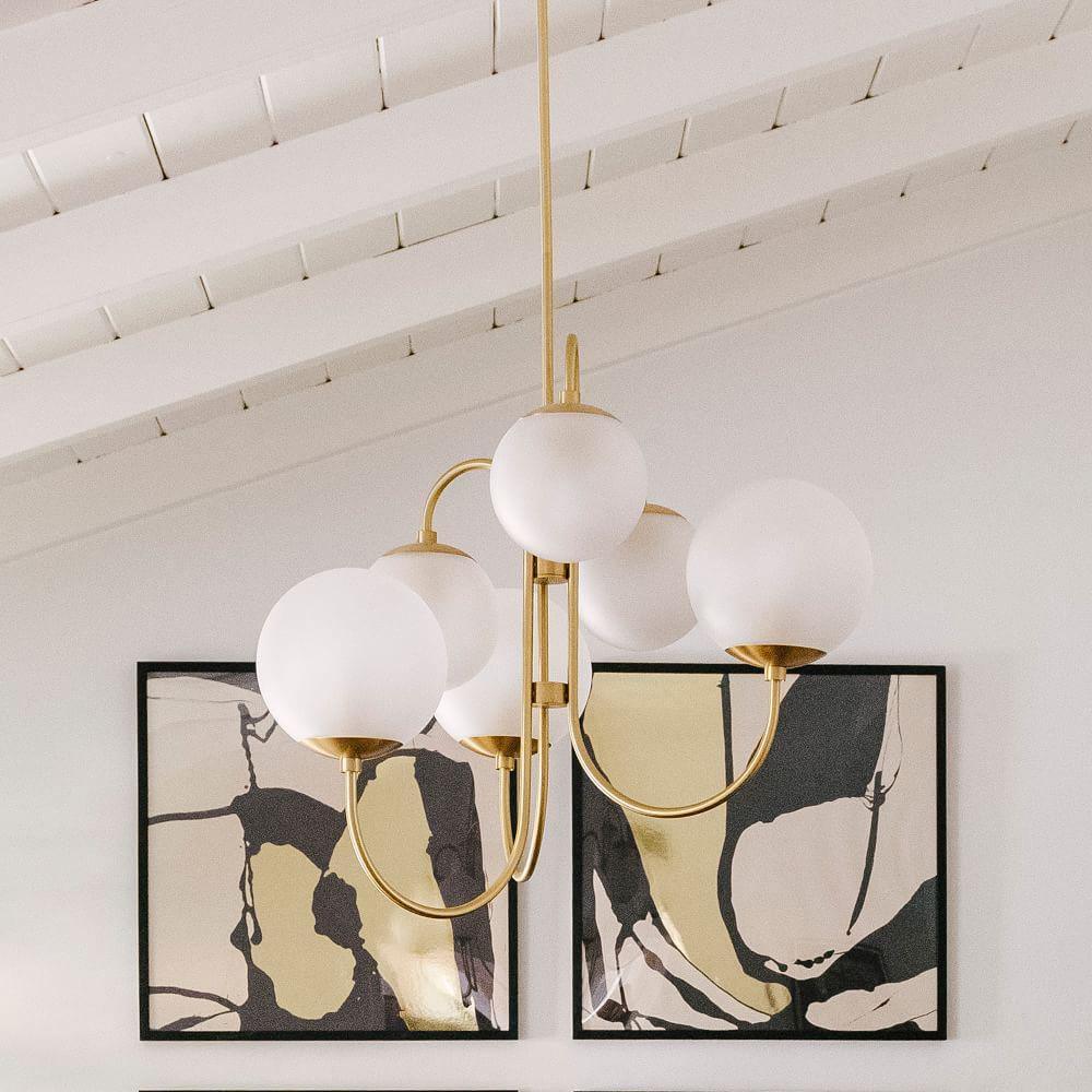 Gooseneck Chandelier, Wrought Iron, White Glass Globes, E14