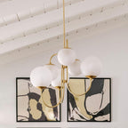 Gooseneck Chandelier, Wrought Iron, White Glass Globes, E14