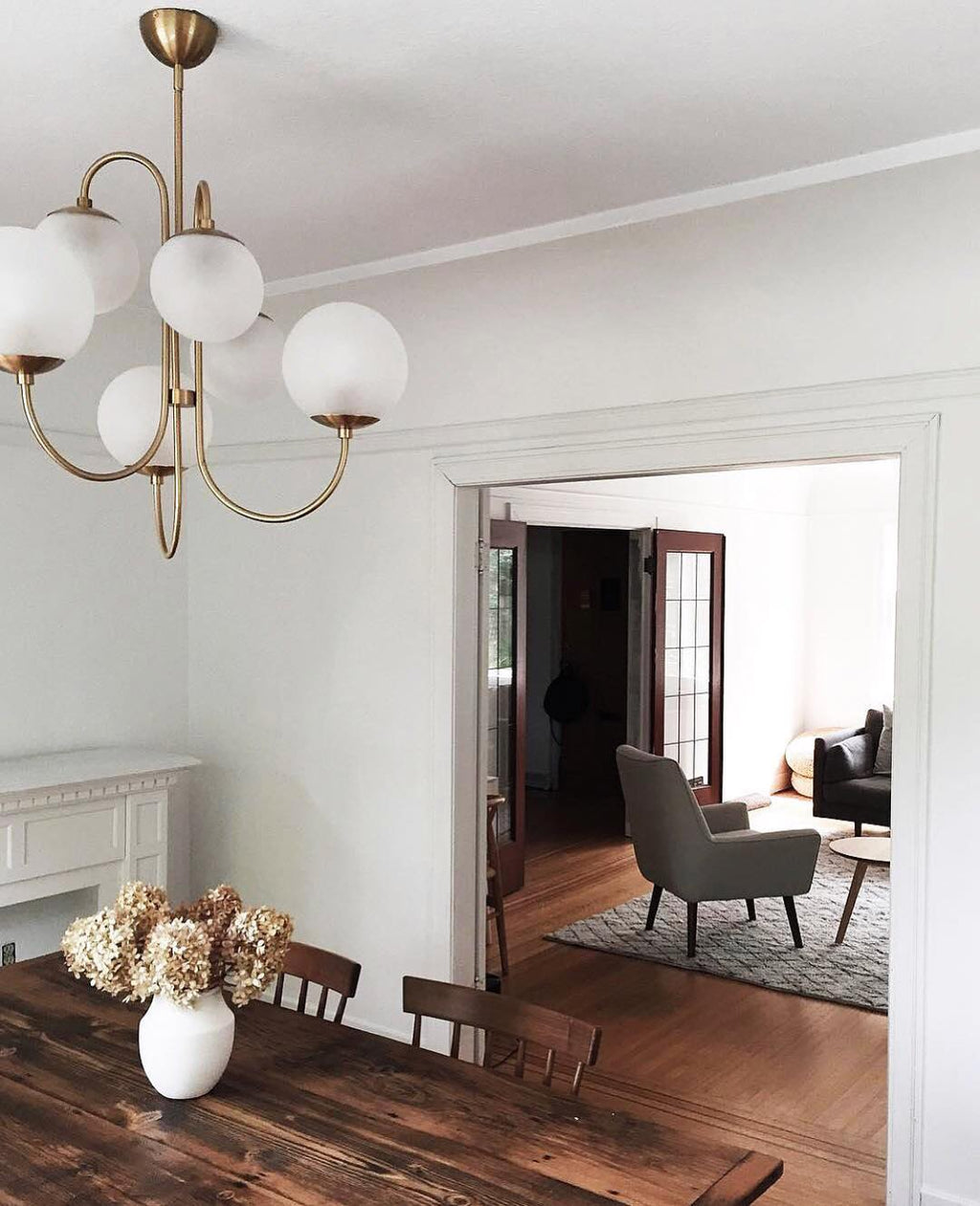 Gooseneck Chandelier, Wrought Iron, White Glass Globes, E14