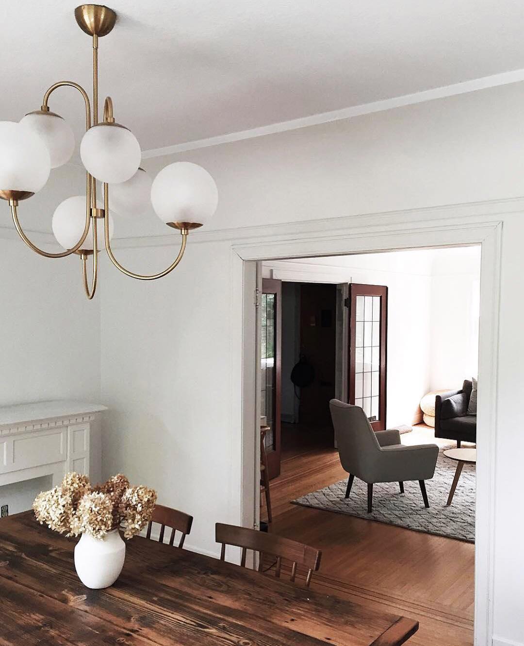 Gooseneck Chandelier, Wrought Iron, White Glass Globes, E14