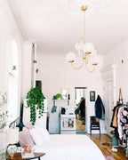 Gooseneck Chandelier, Wrought Iron, White Glass Globes, E14