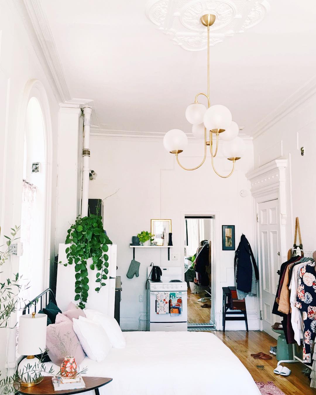 Gooseneck Chandelier, Wrought Iron, White Glass Globes, E14