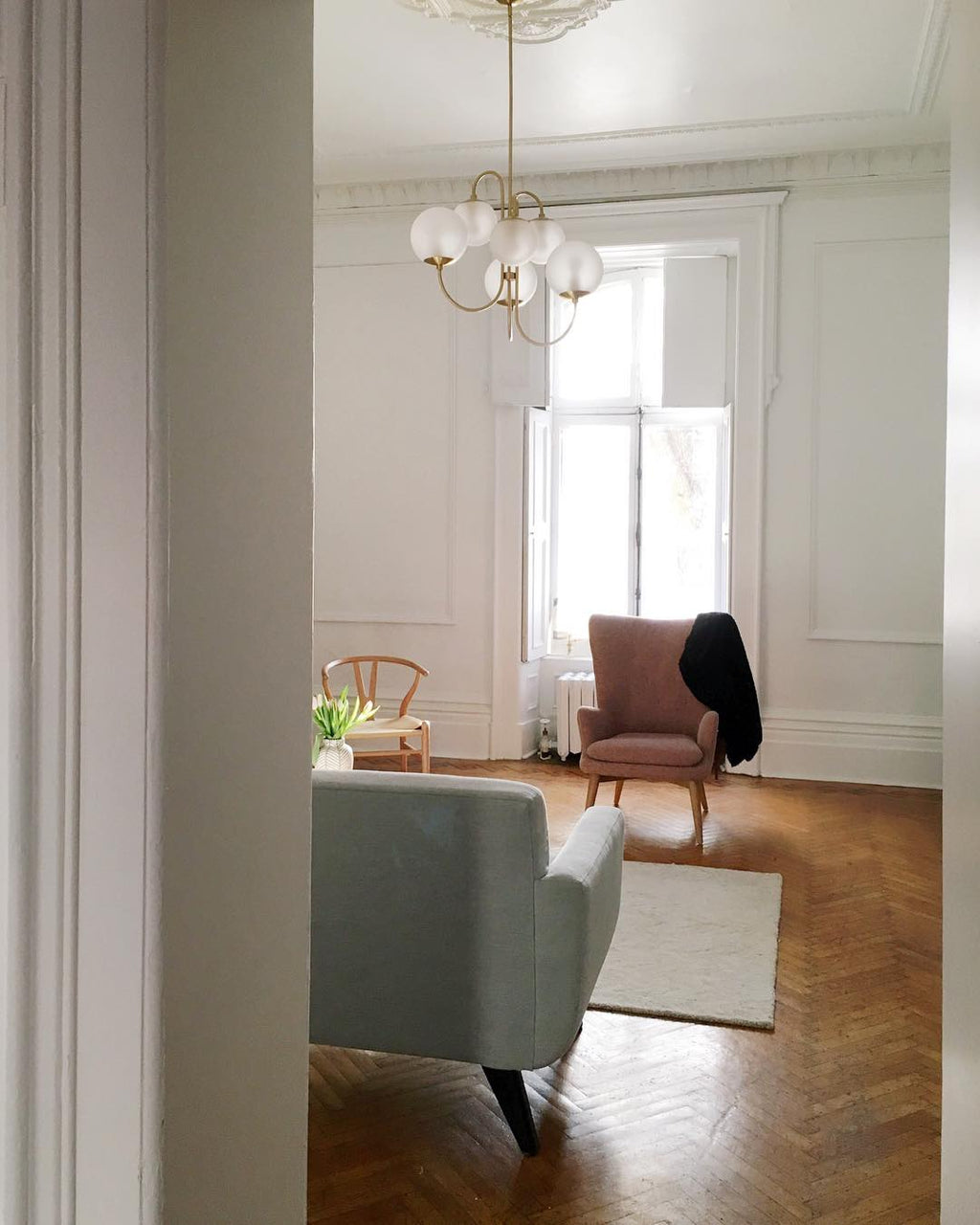 Gooseneck Chandelier, Wrought Iron, White Glass Globes, E14