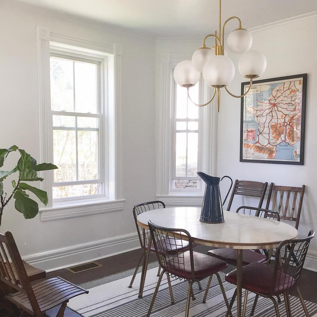 Gooseneck Chandelier, Wrought Iron, White Glass Globes, E14