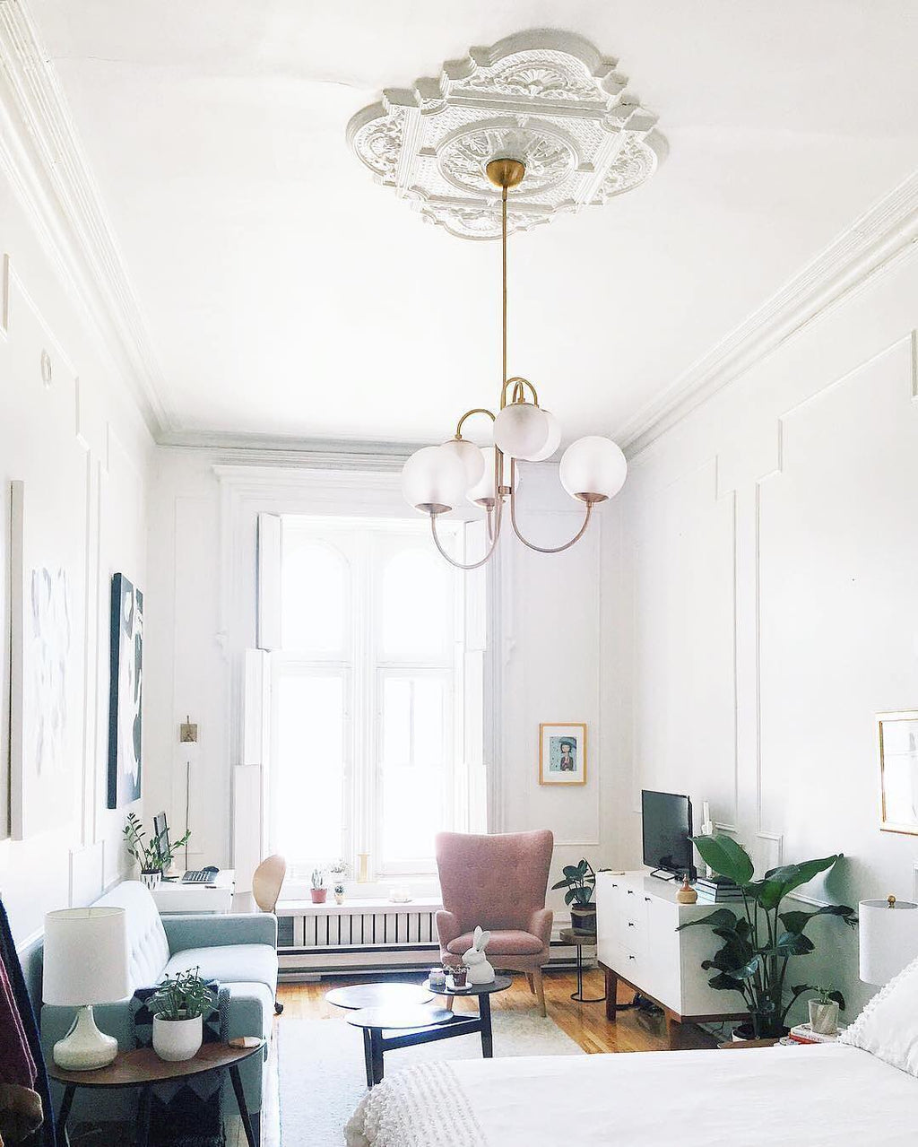 Gooseneck Chandelier, Wrought Iron, White Glass Globes, E14
