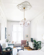 Gooseneck Chandelier, Wrought Iron, White Glass Globes, E14