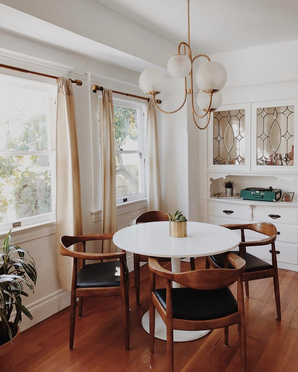 Gooseneck Chandelier, Wrought Iron, White Glass Globes, E14