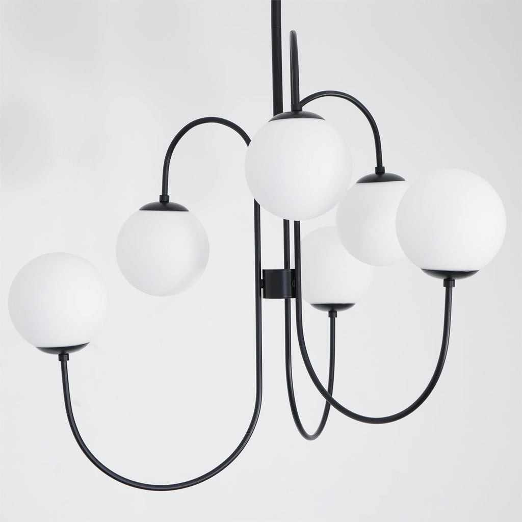 Gooseneck Chandelier, Wrought Iron, White Glass Globes, E14