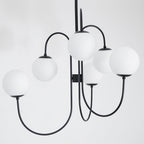 Gooseneck Chandelier, Wrought Iron, White Glass Globes, E14