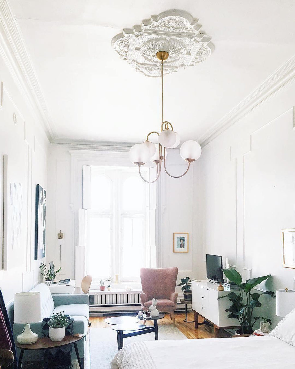 Gooseneck Chandelier, Wrought Iron, White Glass Globes, E14