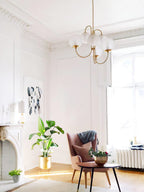 Gooseneck Chandelier, Wrought Iron, White Glass Globes, E14