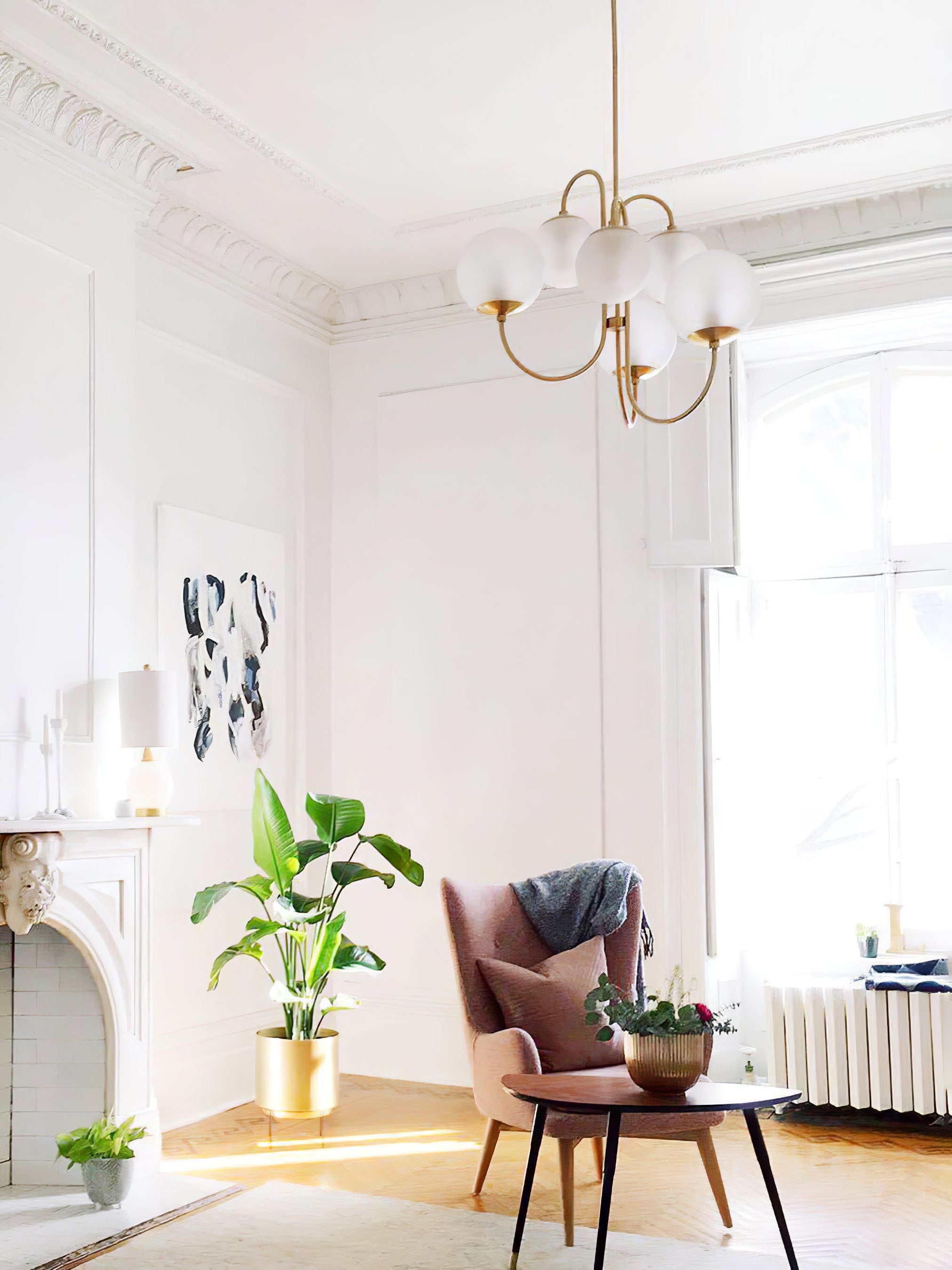 Gooseneck Chandelier, Wrought Iron, White Glass Globes, E14