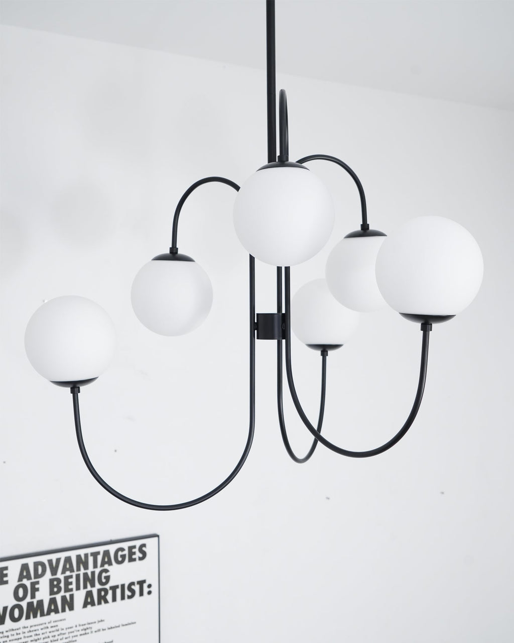 Gooseneck Chandelier, Wrought Iron, White Glass Globes, E14