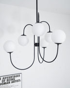 Gooseneck Chandelier, Wrought Iron, White Glass Globes, E14