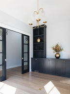 Gooseneck Chandelier, Wrought Iron, White Glass Globes, E14