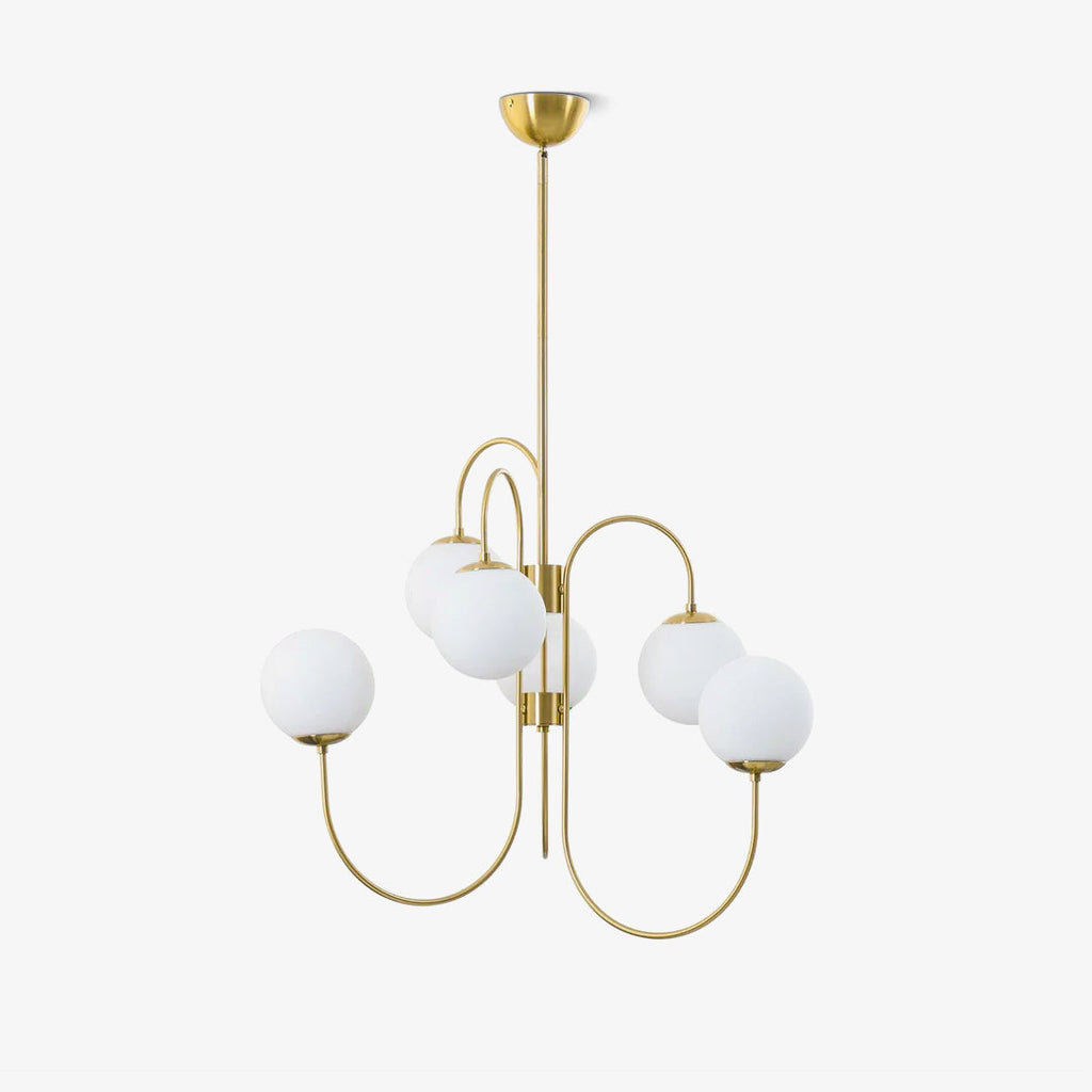 Gooseneck Chandelier, Wrought Iron, White Glass Globes, E14