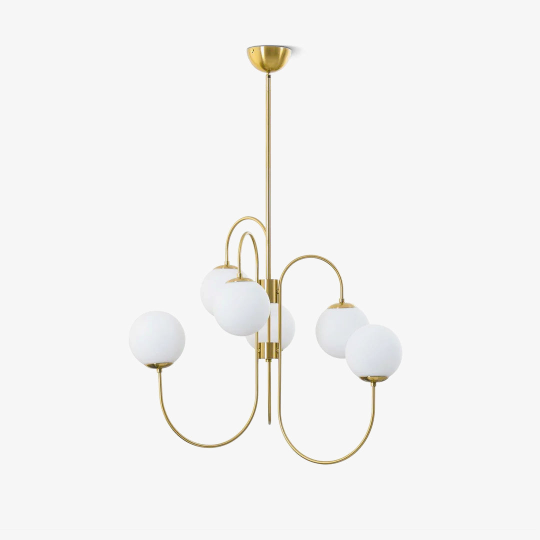 Gooseneck Chandelier, Wrought Iron, White Glass Globes, E14
